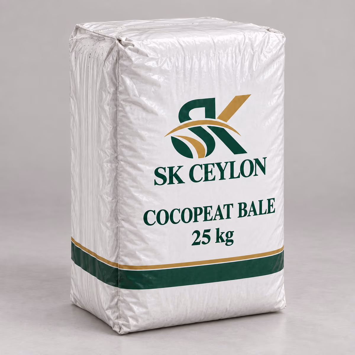 Sealed 25 kg coco peat bale in its branded polythene bag