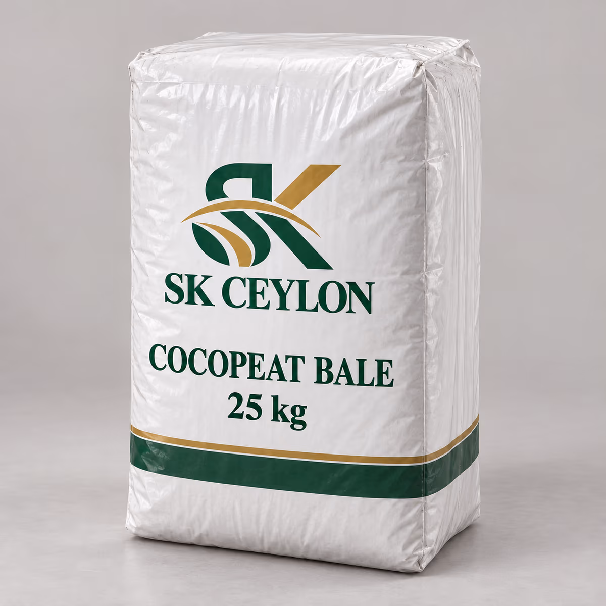 Sealed 25 kg coco peat bale, front view