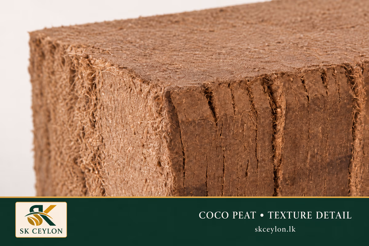 Close-up of compressed coco peat texture and layered coir fibre