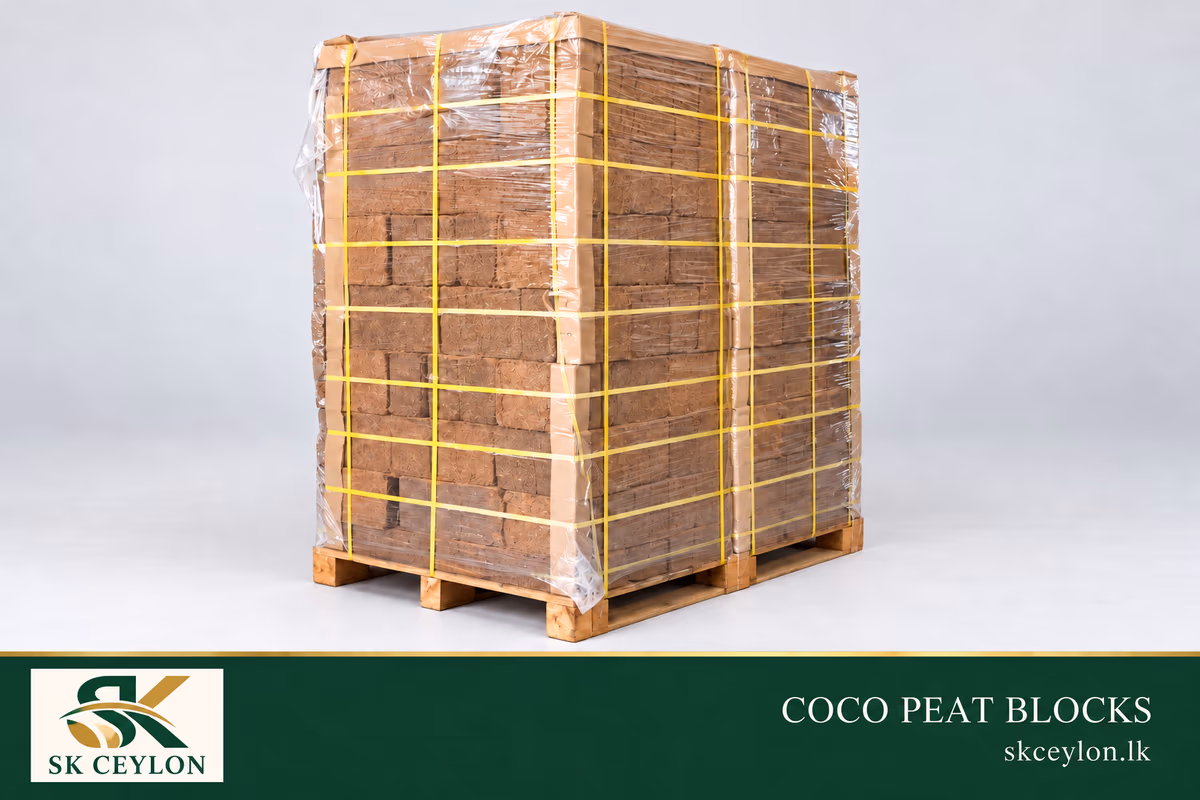 Palletized coco peat blocks strapped and shrink-wrapped for export