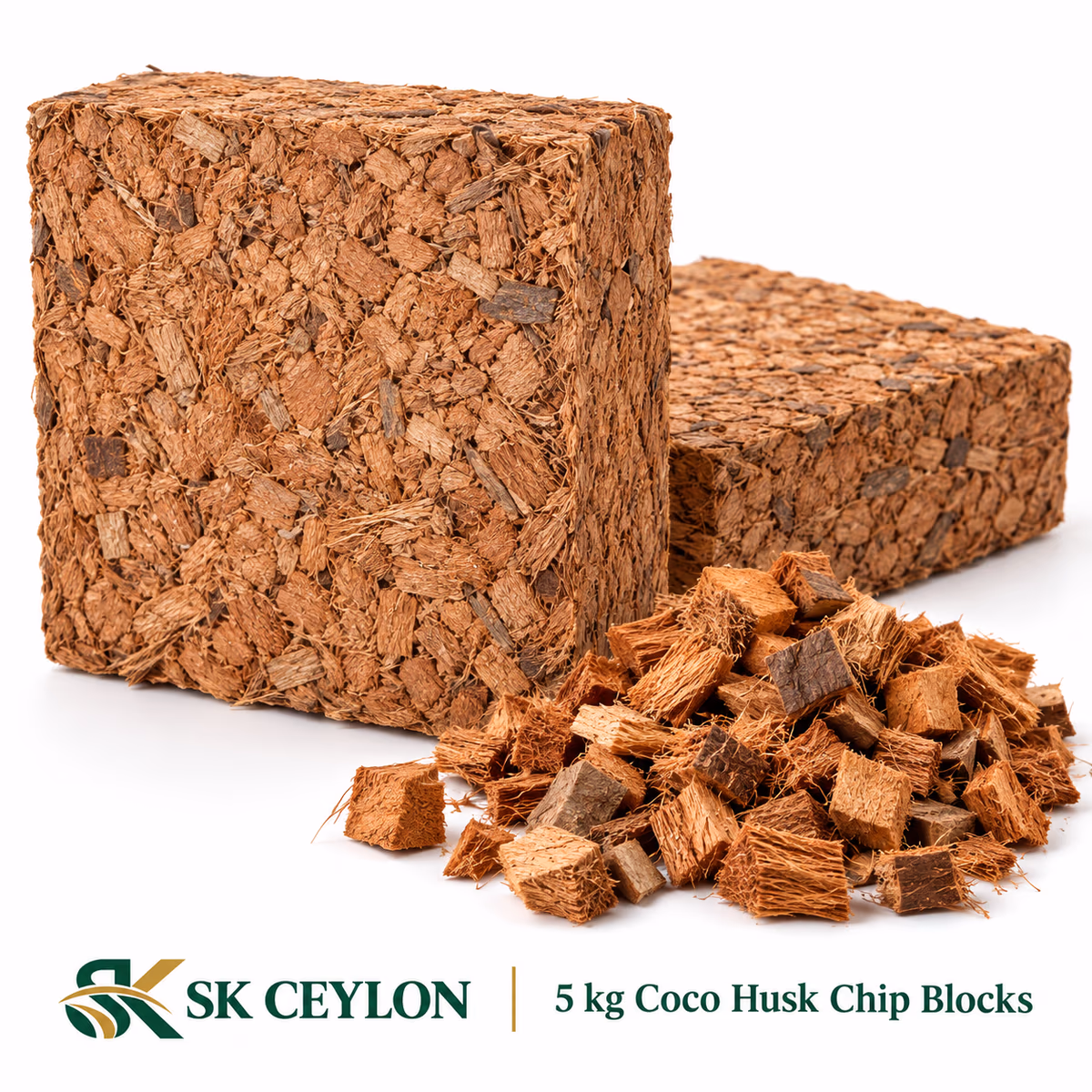 Two coco husk chip blocks with loose husk chips in front