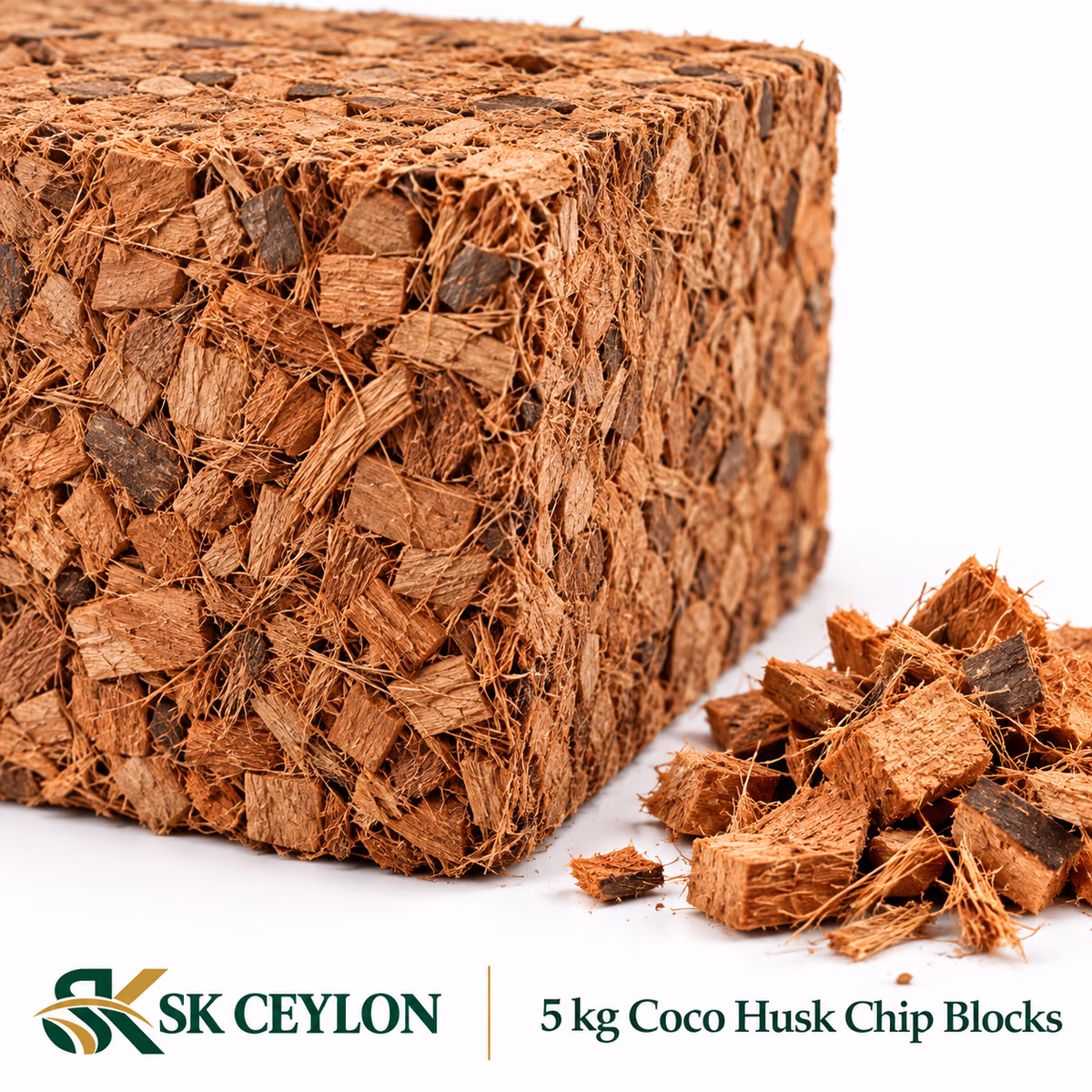 Close-up of a compressed chip block beside loosened husk chips