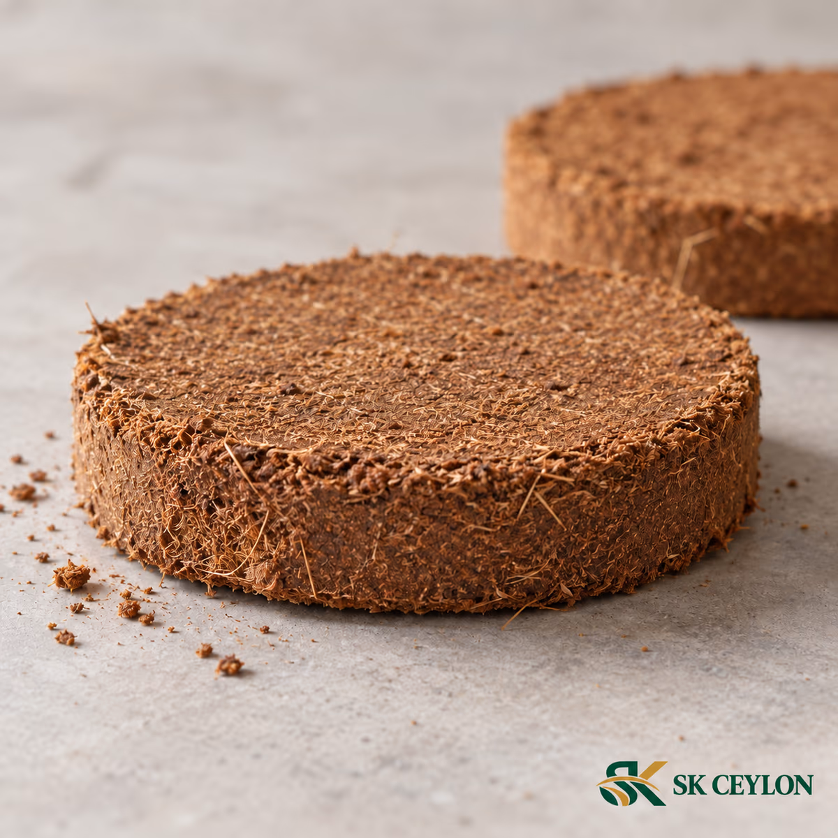 Close-up of a compressed coco peat disc with a second disc behind it