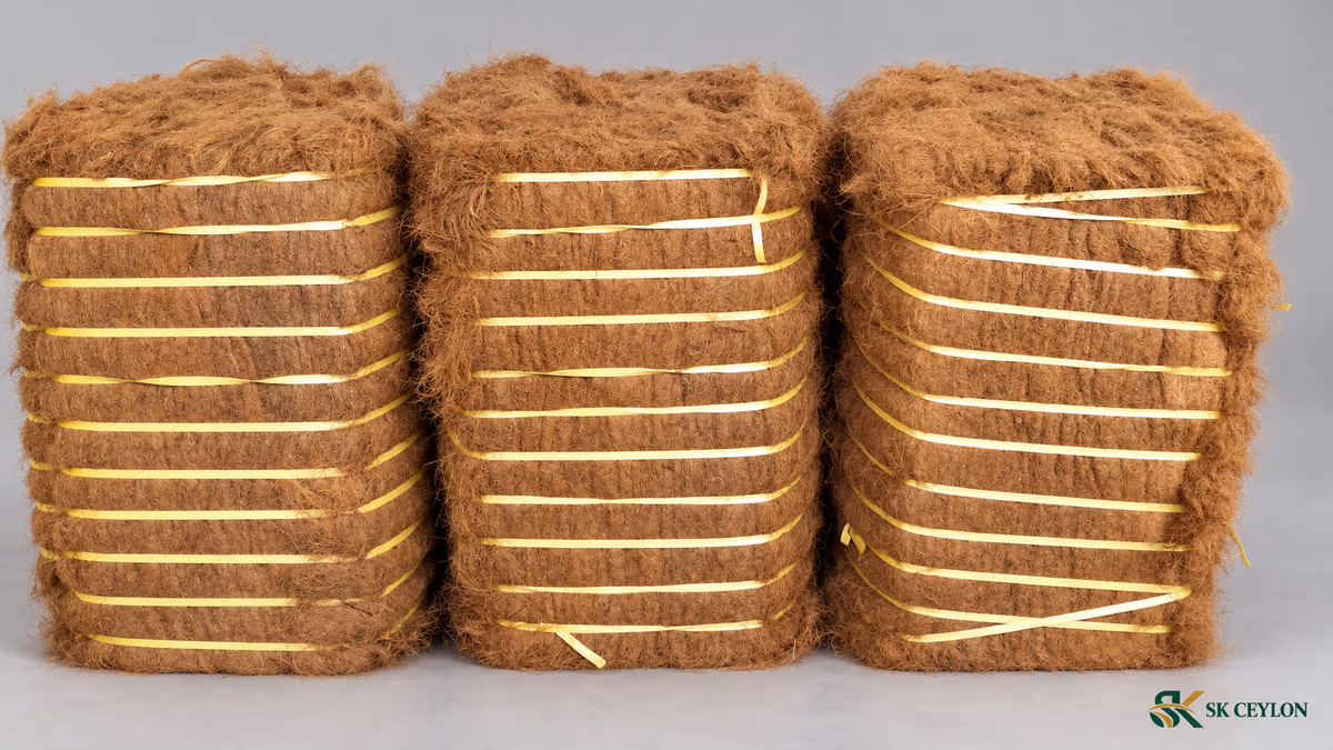 Three strapped coir fibre bales standing side by side