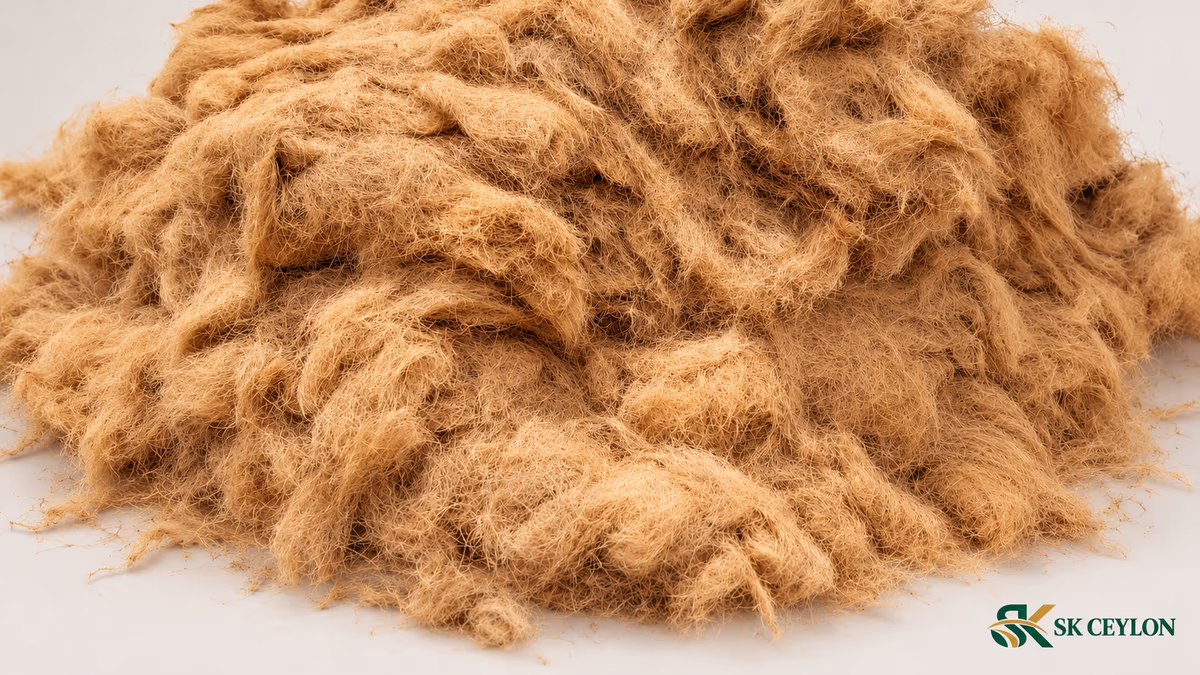 Loose golden coir fibre after opening a bale