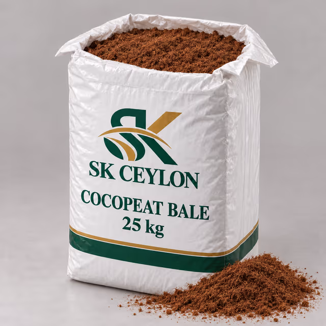 Open 25 kg SK Ceylon coco peat bale showing the coir pith inside