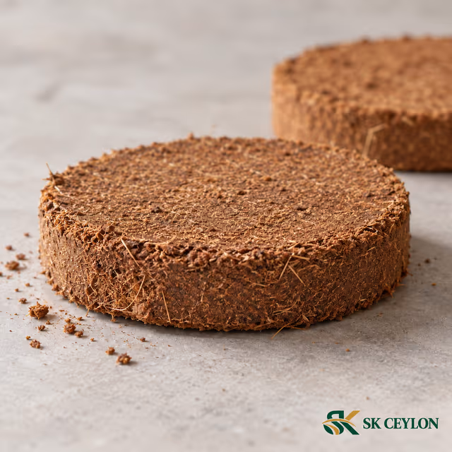 Close-up of a compressed coco peat disc with a second disc behind it